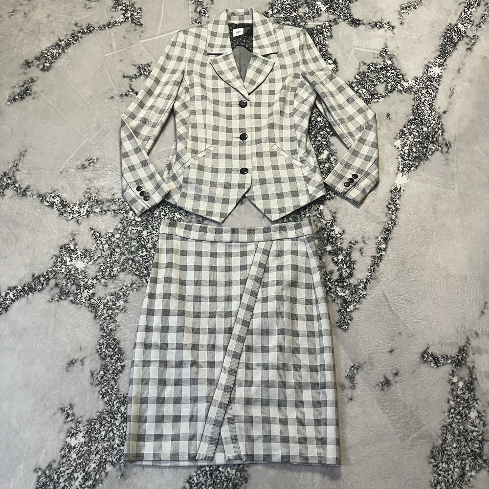 Cabi Skirt Suit Womens Sz 6 White‎ Black Valentina Plaid Classic Academia